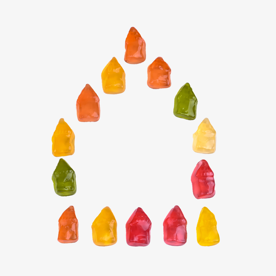 HARIBO-Häuser in verschiedenen Geschmacksrichtungen und Farben, als Haus angeordnet