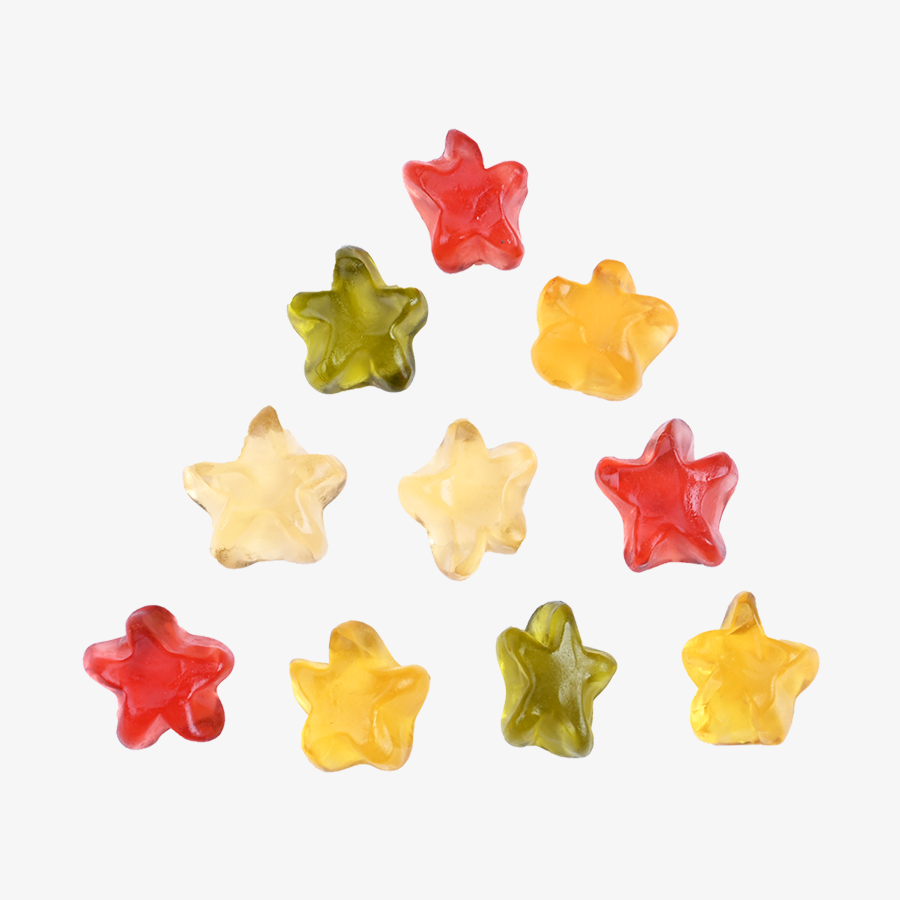 HARIBO-Sterne in verschiedenen Geschmacksrichtungen und Farben, im Dreieck angeordnet