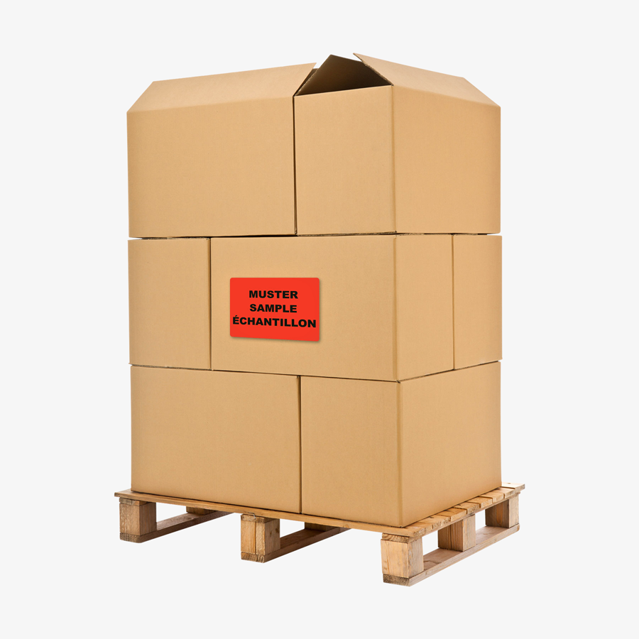 Hinweisetikett mit eigenem Motiv, 21 x 15 cm, angebracht auf einem Karton, der Teil eines Stapels ist