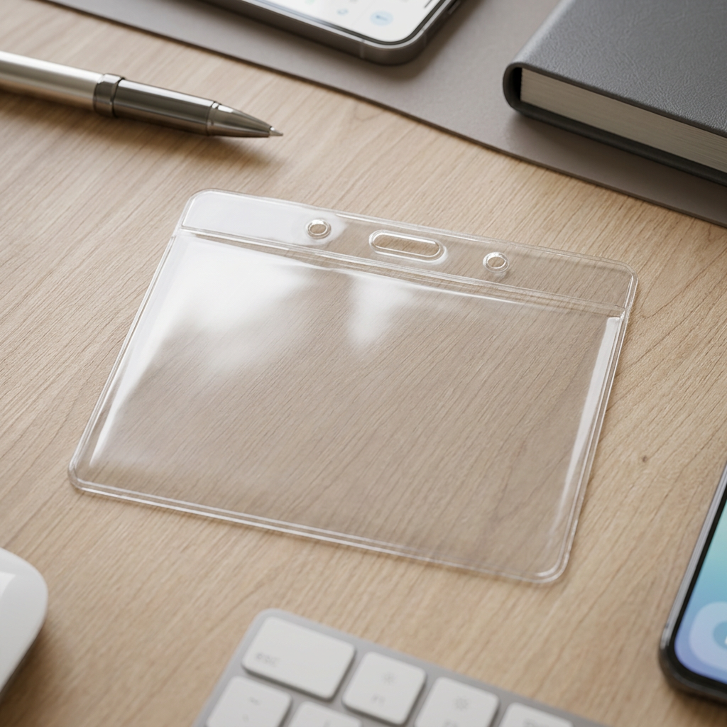 Leere Kartenhülle aus PVC auf Schreibtisch, daneben Gegenstände wie Laptop und Kugelschreiber