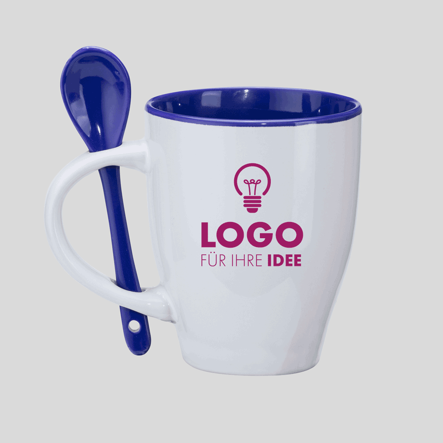 Blaue Keramiktasse mit Löffel, individuell bedruckbar