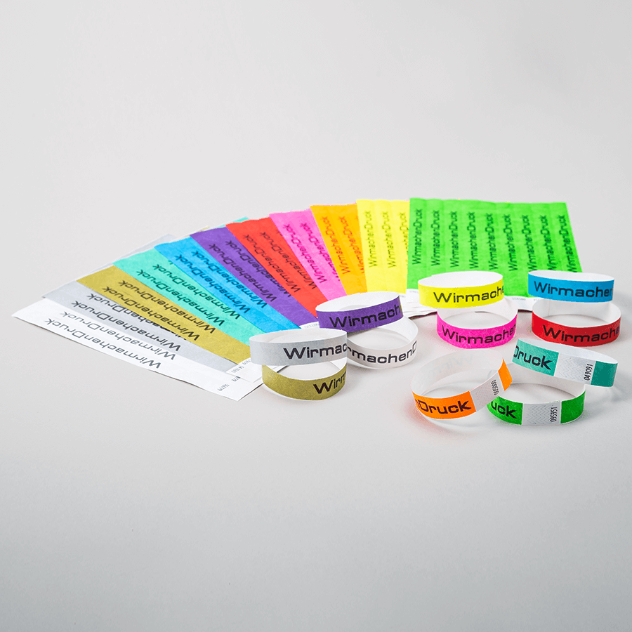 Auswahl von TYVEK® Einlassbändern in verschiedenen Farben, individuell bedruckbar