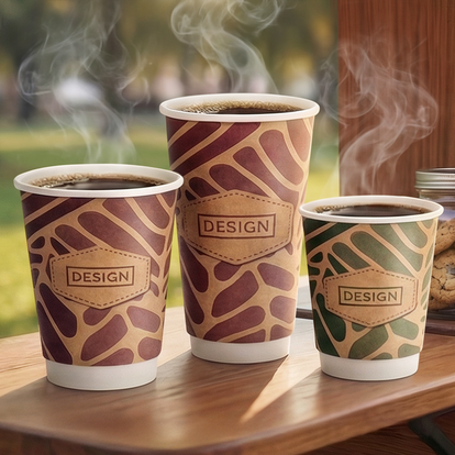 Mit Kaffee gefüllte, doppelwandige Kraftpapier-Becher in drei Grössen, mit vollfarbigem Aufdruck