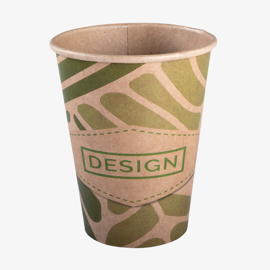Vollfarbig bedrucktbare Kraftpapier-Becher, plastikfrei und vollständig recycelbar
