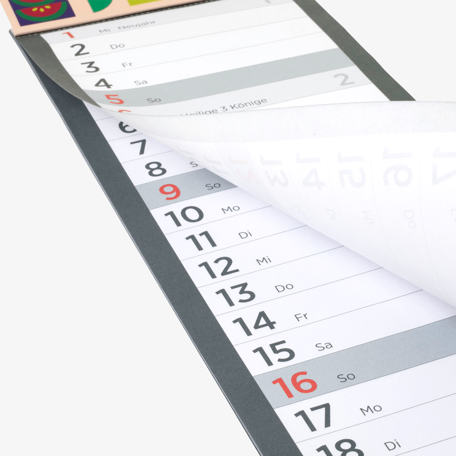 Detailansicht Küchenkalender mit bedrucktem Kopfteil abtrennbaren Blätterng