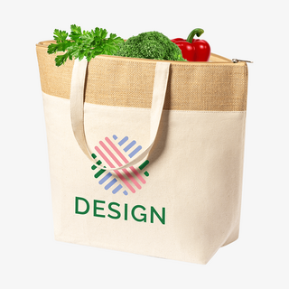 Einkaufskühltasche bedruckt mit Logo: Kühlshopper aus Baumwolle und laminierter Jute, darin Gemüse