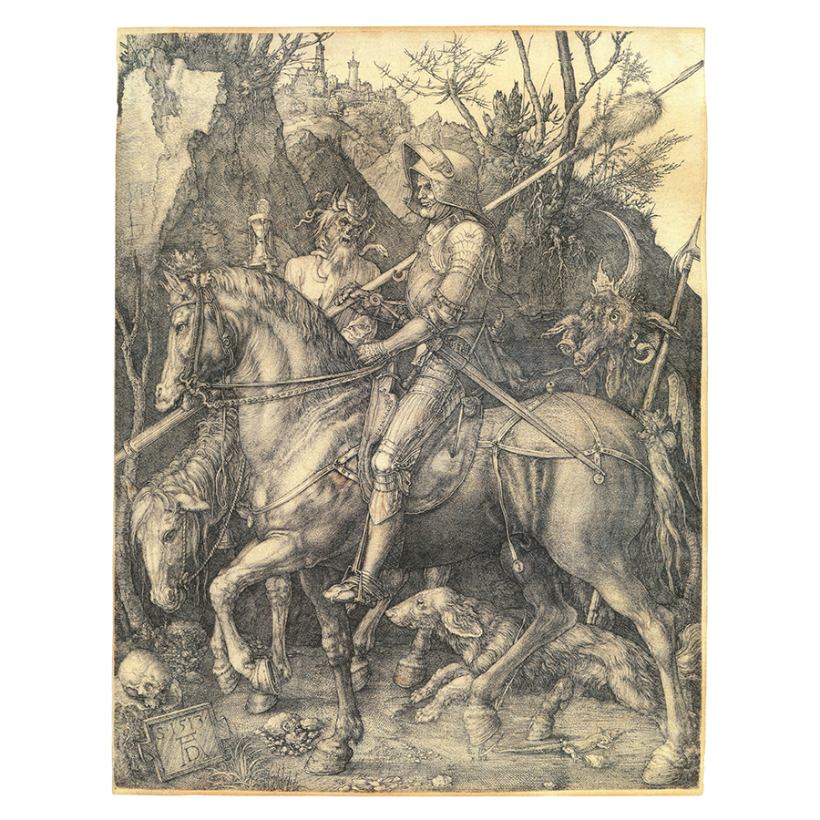 Berühmter Kupferstich von Albrecht Dürer namens Ritter, Tod und Teufel