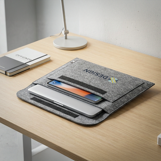 Anwendungsbeispiel graue Laptopmappe aus RPET-Filz mit Ihrem Design