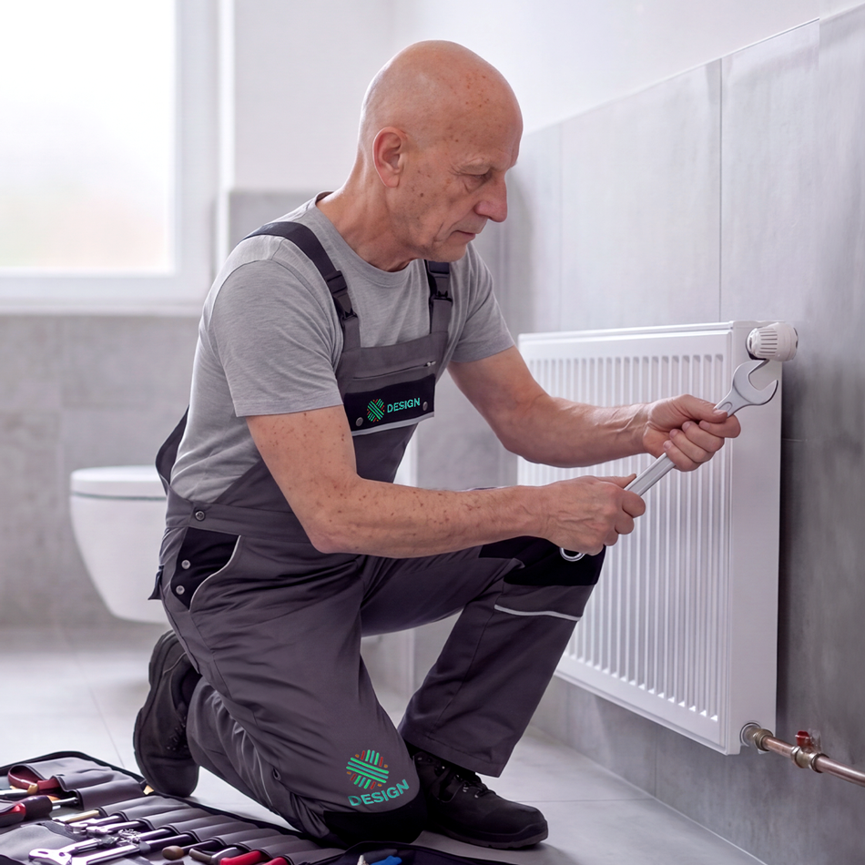 Handwerker mit bestickter Basic-Latzhose arbeitet an einer Heizung
