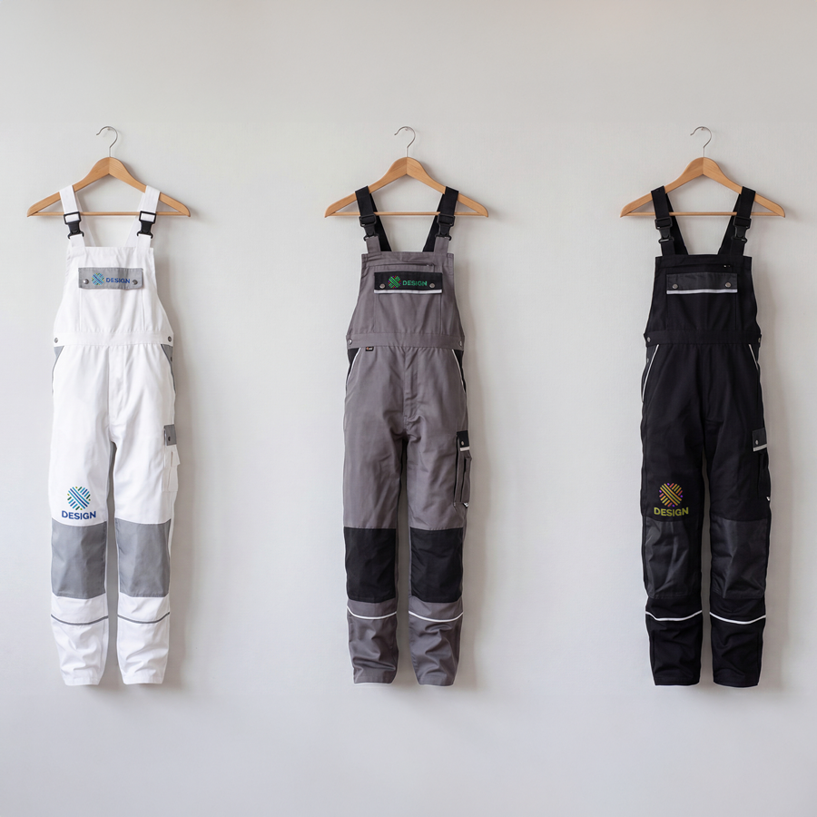 Drei bestickte Basic-Latzhosen in verschiedenen Farben an einer Wand