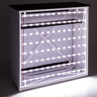LED-Messetheke mit schwarzer Thekenplatte in der Vorderansicht ohne individuell bedrucktes Textil