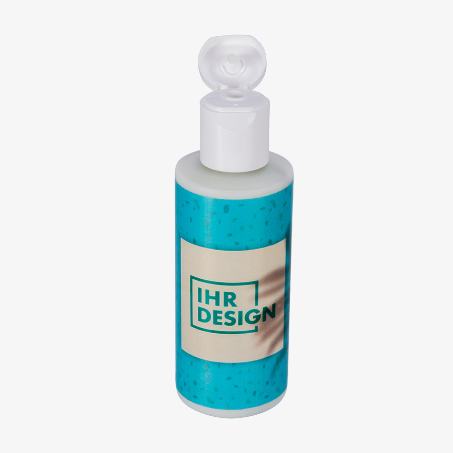 Gesichtscreme im Wunschdesign in 100-ml-Flasche mit geöffnetem Klappdeckel
