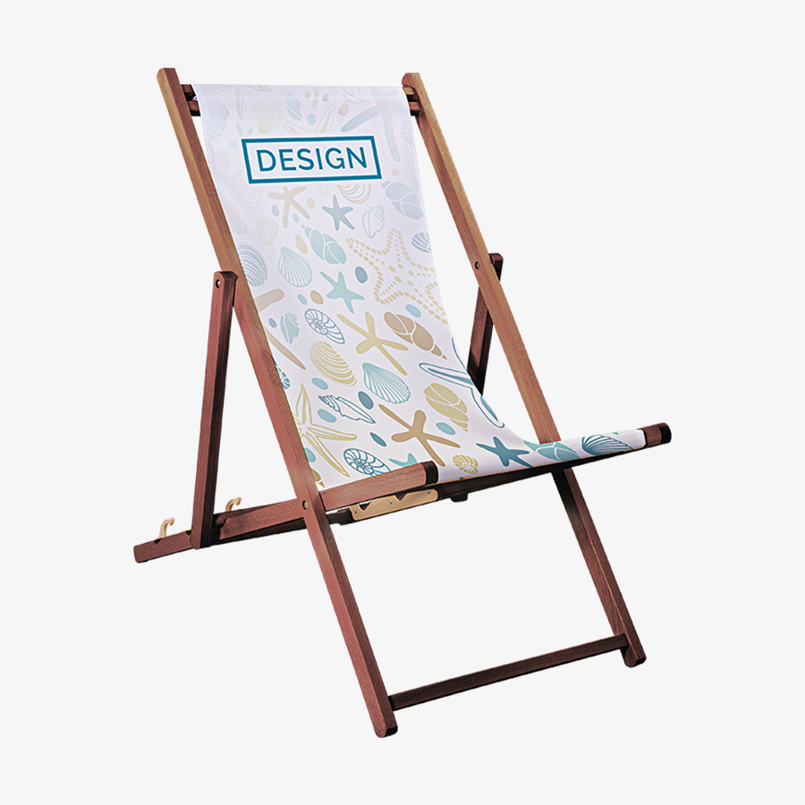 Premium-Liegestuhl ohne Armlehne in dunklem Holz, Bezug individuell bedruckt