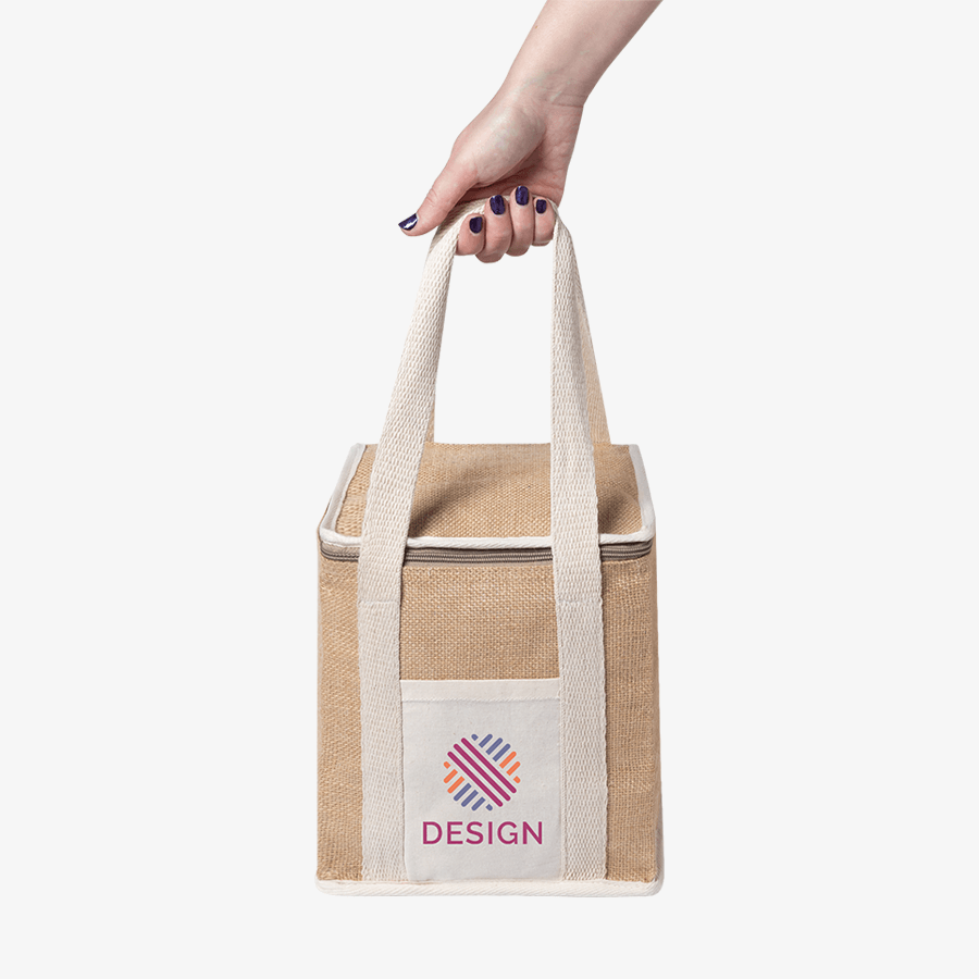 Handliche Lunch-Kühltasche aus laminierter Jute und Baumwolle mit Aluminiumbeschichtung und bedruckbarer Vordertasche