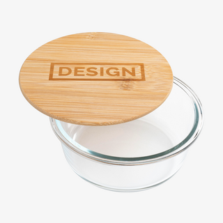 Runde Glas-Lunchbox mit Gravur auf Bambusdeckel