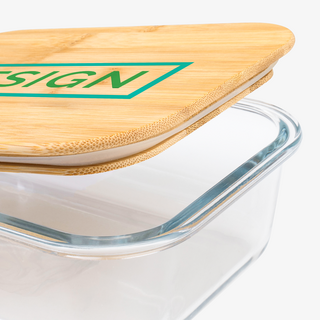 Detailansicht eckige Glas-Lunchbox mit bedrucktem Deckel
