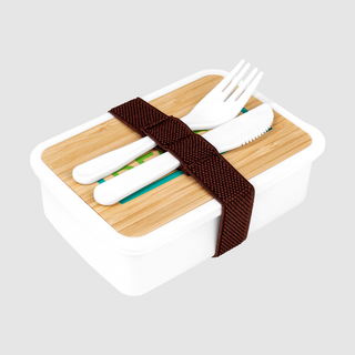Personalisierte Kunststoff-Lunchbox mit Bambusdeckel mit 500 ml Fassungsvermögen und Besteckset