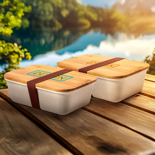 Lunchbox aus Kunststoff mit Bambusdeckel mit Siebdruck individualisiert