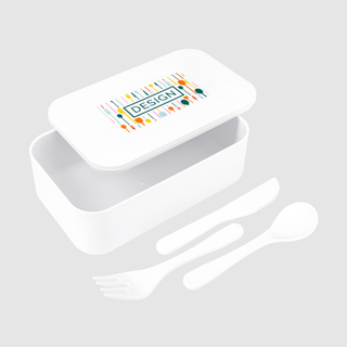 Weisse PLA-Lunchbox mit Besteckset und vollfarbigem Druck
