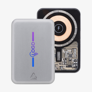 Magnetische Powerbank mit Schnellladefunktion, mit Logodruck hinten und transparentem Korpus vorne