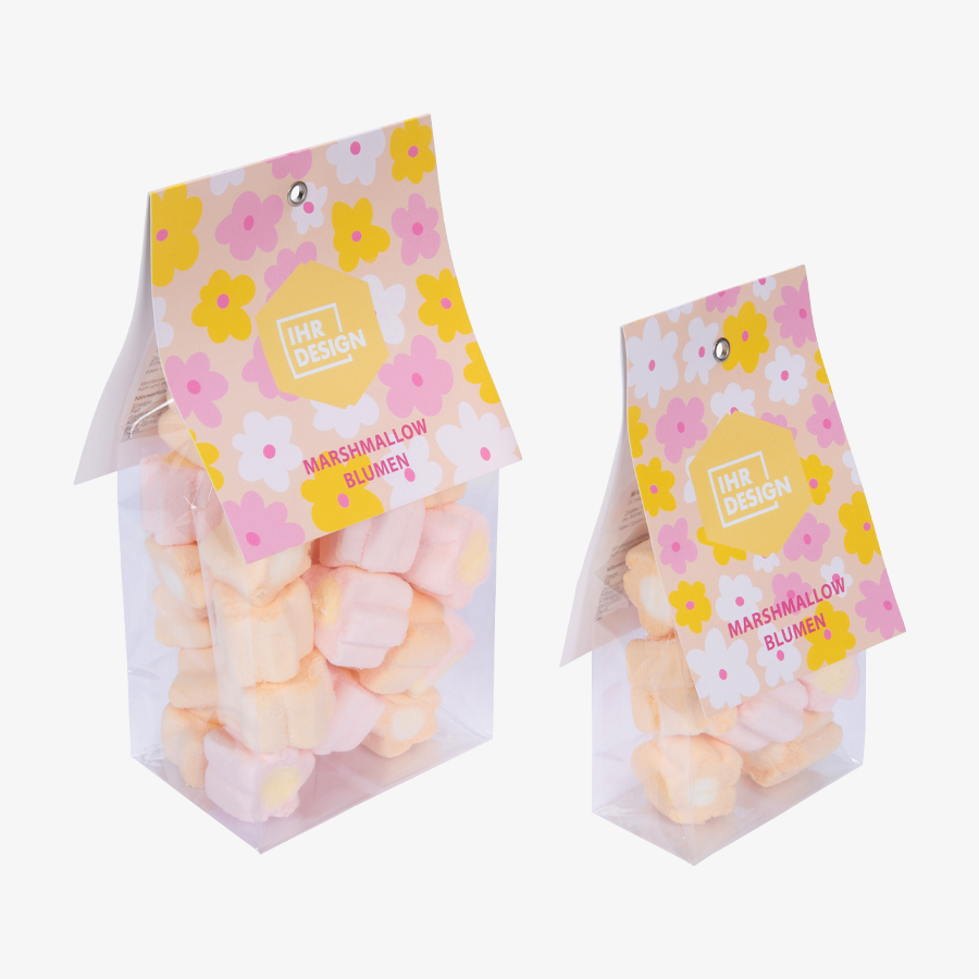 Folienbeutel mit Marshmallow-Blumen und Headerkarte, in mehreren Grössen