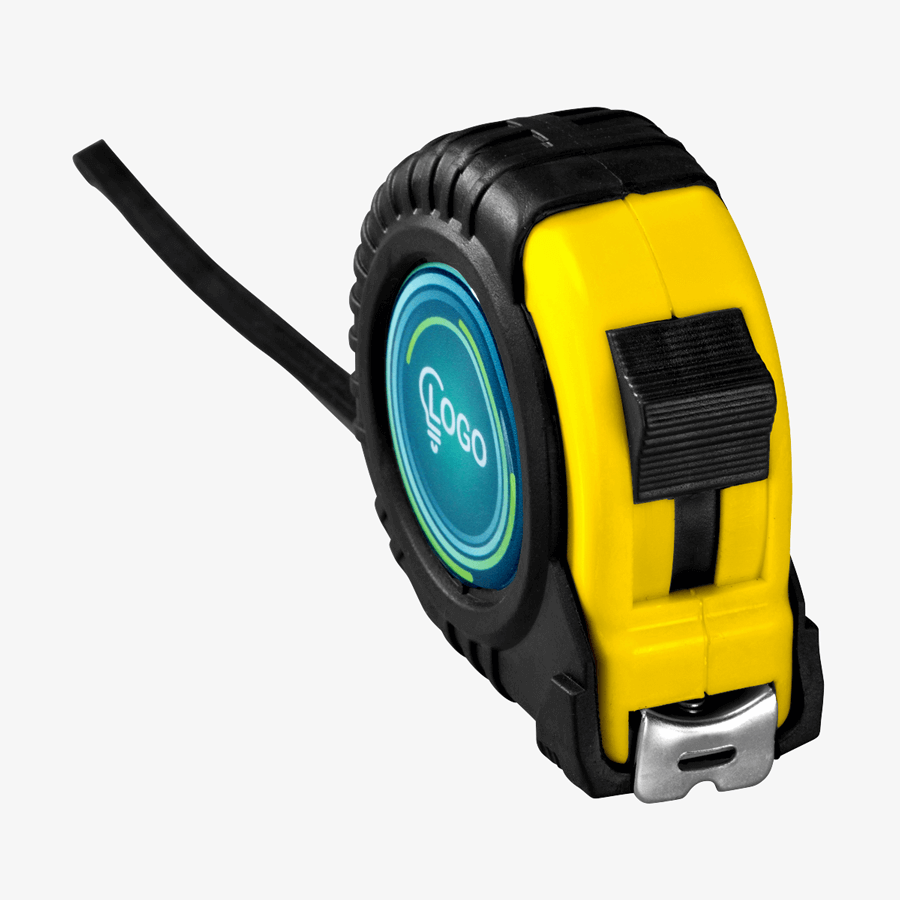 Nahansicht gelbes Massband (5 m) mit individuellem Doming-Aufkleber