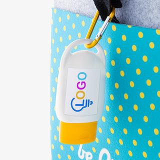 Personalisierte Mini-Sonnencreme für unterwegs mit Karabiner zum Anhängen