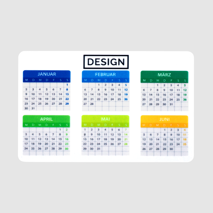 Minikalender aus PVC im Querformat, mit vollfarbigem und beidseitigem Druck
