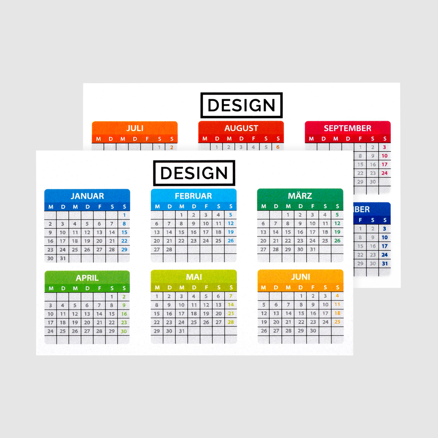 Vollfarbig und beidseitig bedruckter Minikalender im Querformat