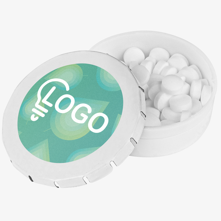 Runde Kunststoffdose mit vollfarbigem UV-LED-Druck, gefüllt mit Pfefferminz