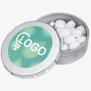 Runde Metalldose mit vollfarbigem UV-LED-Druck, gefüllt mit Pfefferminz