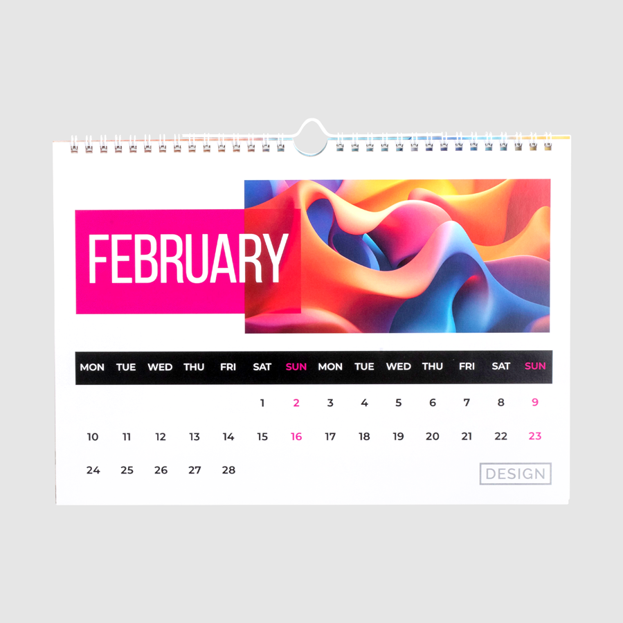 Monatskalender DIN A4 im Querformat, vollfarbig bedruckt mit Ihrem Wunschmotiv