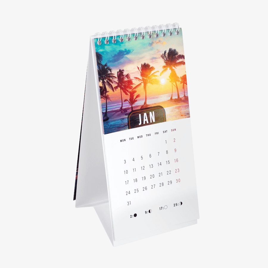 Aufstellbarer Monatstischkalender, lang hoch, individuell und vollfarbig bedruckbar