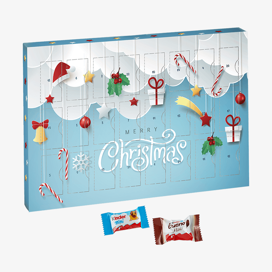 Bedruckter Adventskalender zum Aufhängen mit kinder Schokolade und kinder bueno