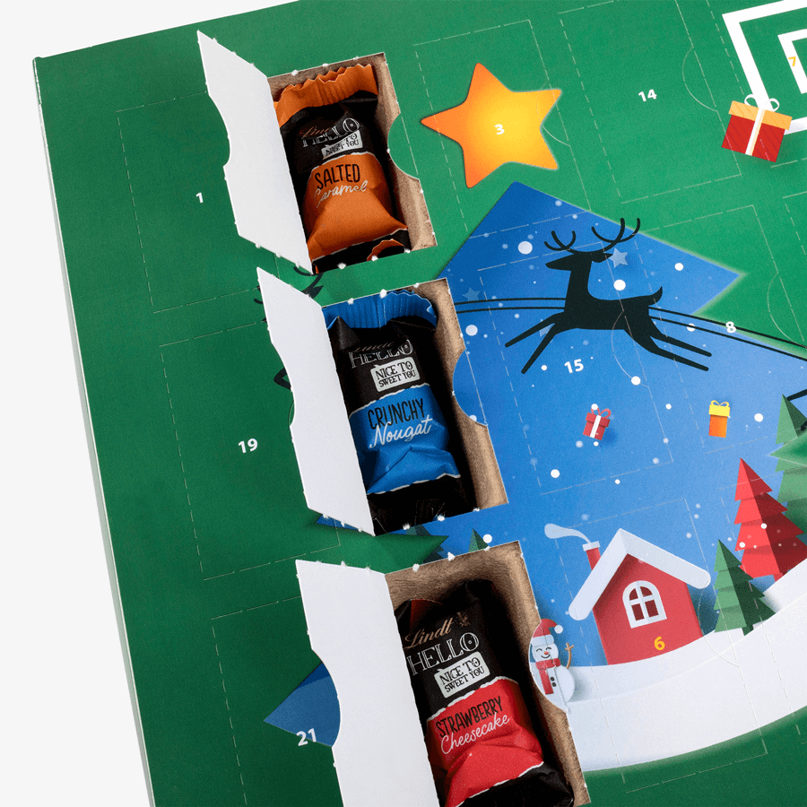 Nahaufnahme eines Lindt-Multi-Adventskalenders mit eigenem Design bedruckt mit Hello-Mini-Sticks