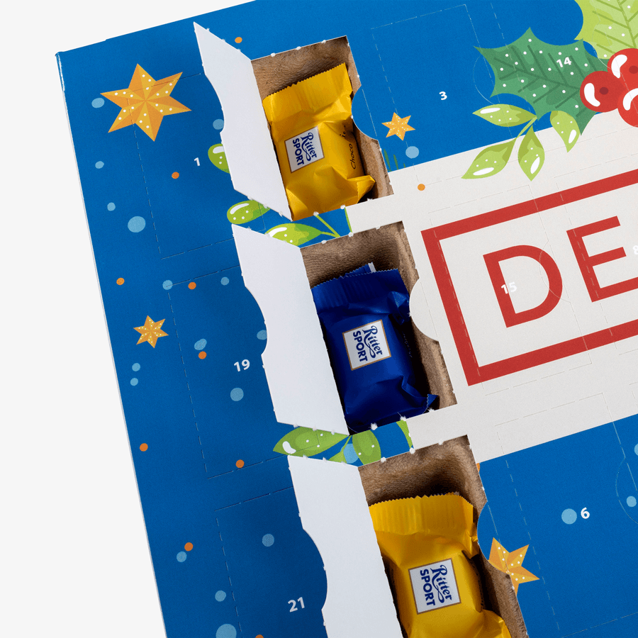 Geöffneter Multi Adventskalender Ritter Sport Schokowürfel, Querformat, bedruckt, Detailansicht