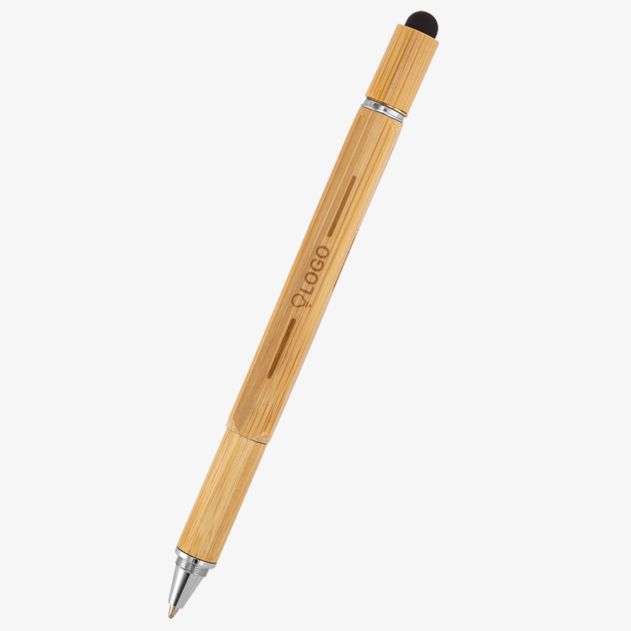 Bambus-Multifunktionskugelschreiber mit Gravur auf dem Schaft in der Gesamtansicht