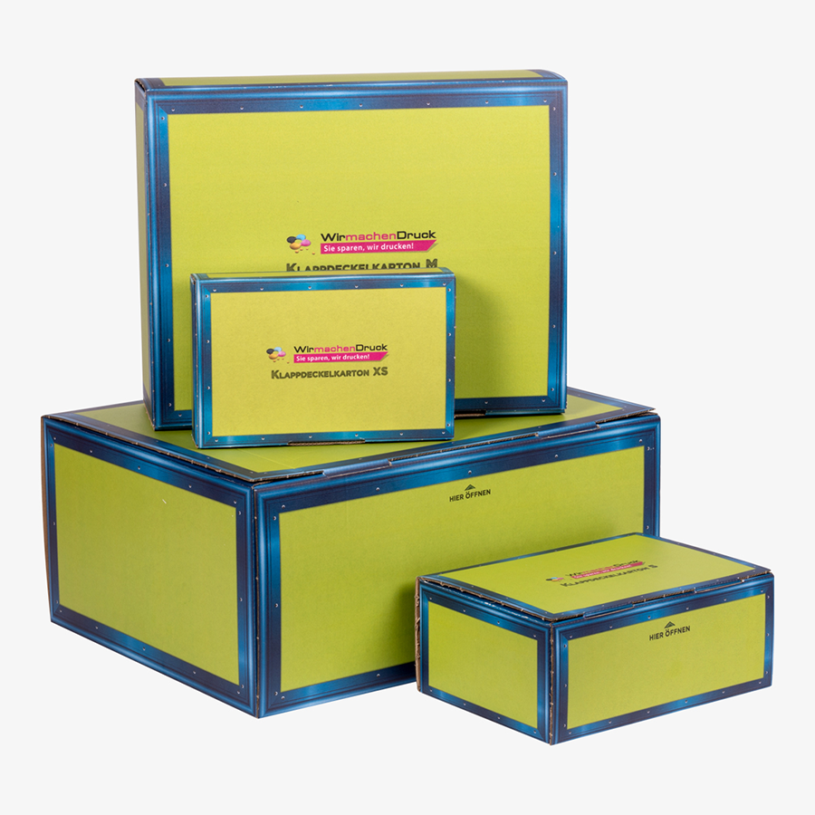 Klappdeckelkarton-Musterset: Kartons in mehreren Grössen im WIRmachenDRUCK-Design