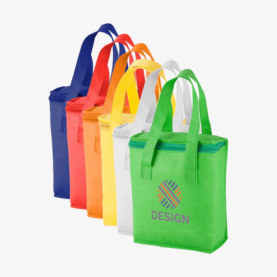 Vollfarbig bedruckte Lunch-Kühltaschen mit Reissverschluss in verschiedenen Farben, aus Non-Woven 