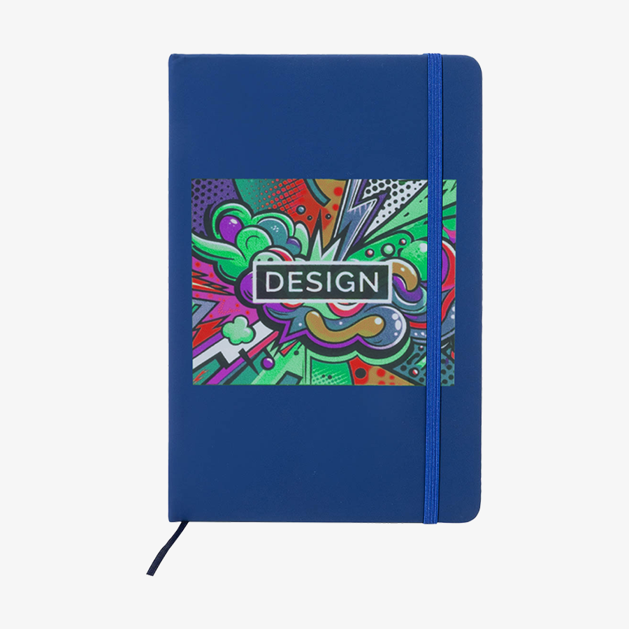 Blaues Notizbuch in DIN A5 mit Kunstleder-Cover und Druck auf der Vorderseite