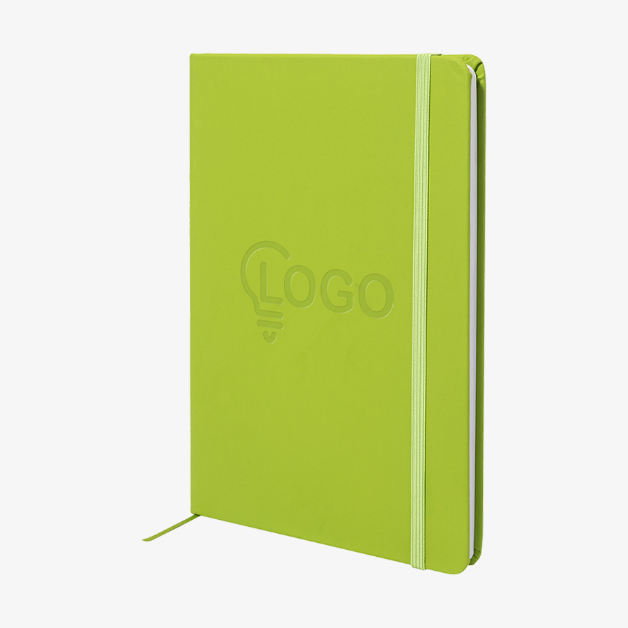 Notizbuch in DIN A6 mit Kunstleder-Cover, Lesezeichenband, Gummiband und Prägung