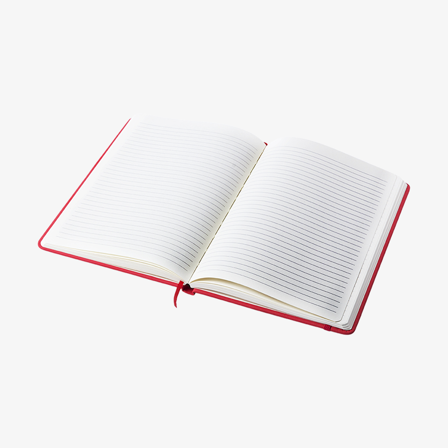 Aufgeschlagenes DIN-A5-Notizbuch mit rotem Kunstleder-Einband und 100 linierten Seiten