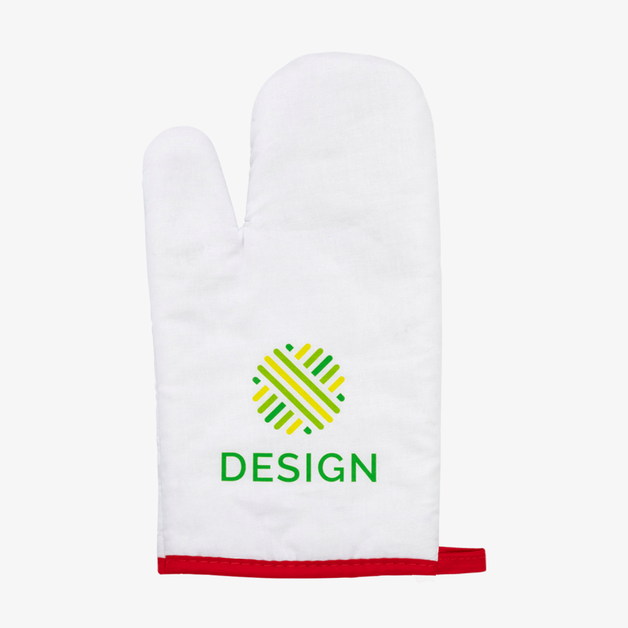 Weisser Ofenhandschuh aus recyceltem Polyester mit individuell bedruckter Vorderseite in der Detailansicht