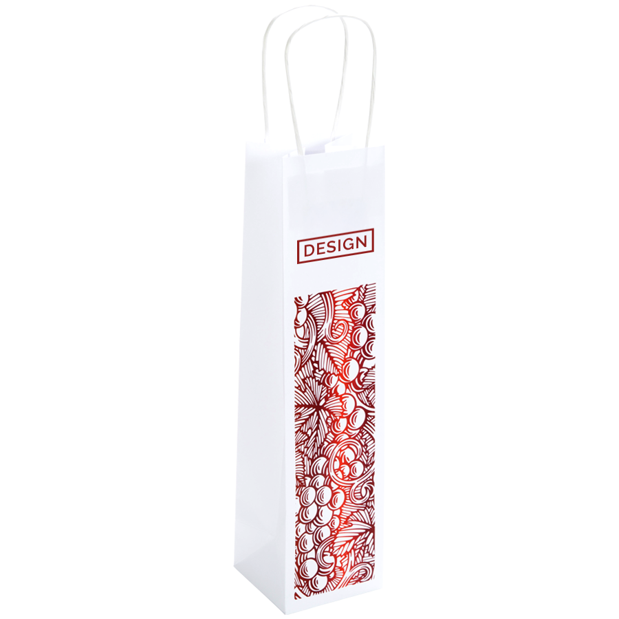 Weisse Papiertragetasche im Format 10 x 40 x 10 cm mit weissen Papierkordeln und individuellem Druck