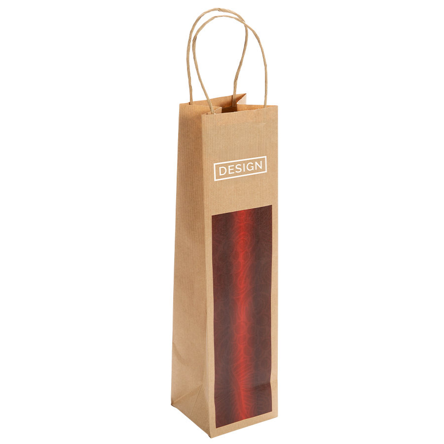 Braune Papiertragetasche im Format 10 x 40 x 10 cm mit Papierkordeln, 4/0-farbigem Druck und Weissdruck