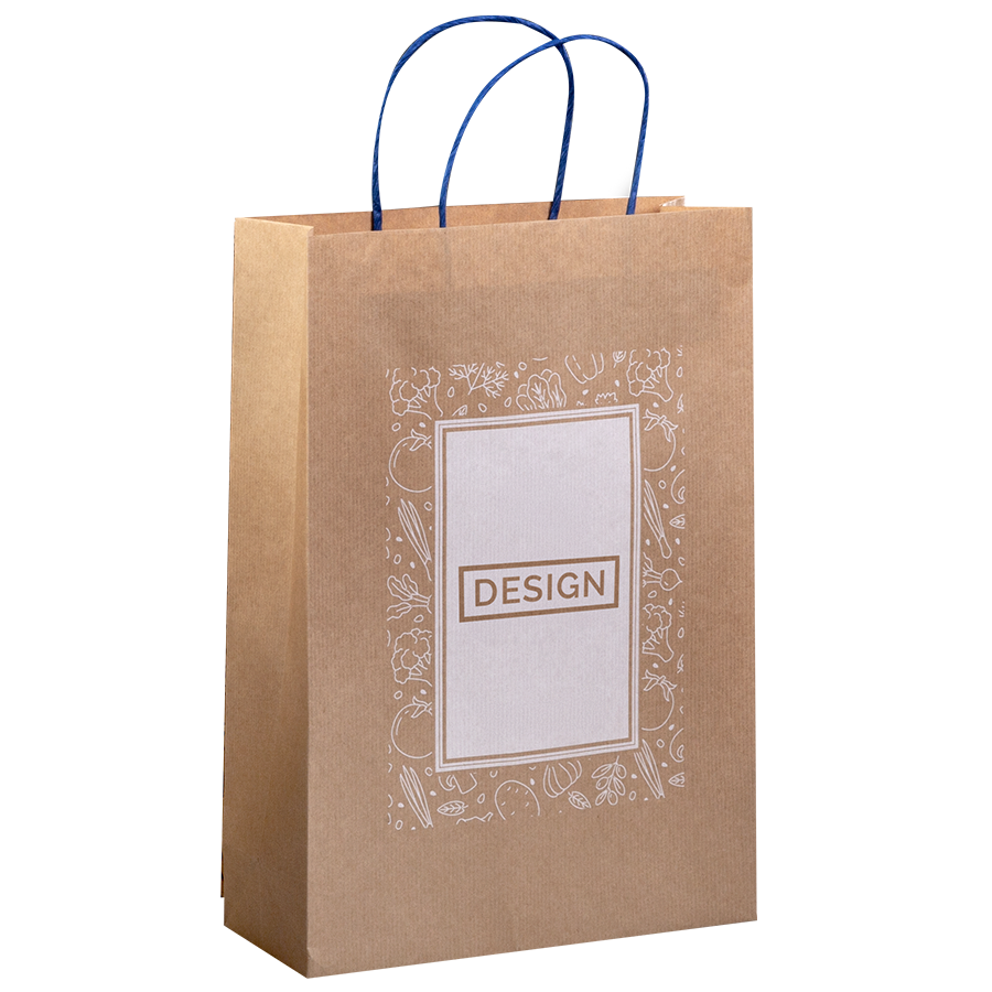 18 x 22,5 x 8 cm grosse Papiertragetasche mit blauen Papierkordeln und 1/0-farbigem Druck