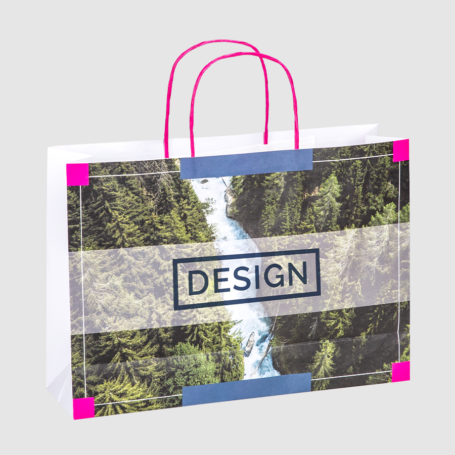48 x 35 x 13 cm grosse Papiertragetasche mit pinken Papierkordeln und 4/0-farbigem Druck
