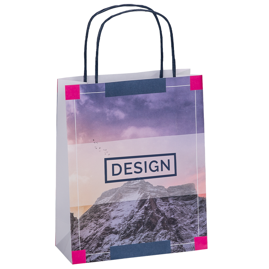 32 x 40 x 12 cm grosse Papiertragetasche mit blauen Papierkordeln und 4/0-farbigem Druck im Stehen