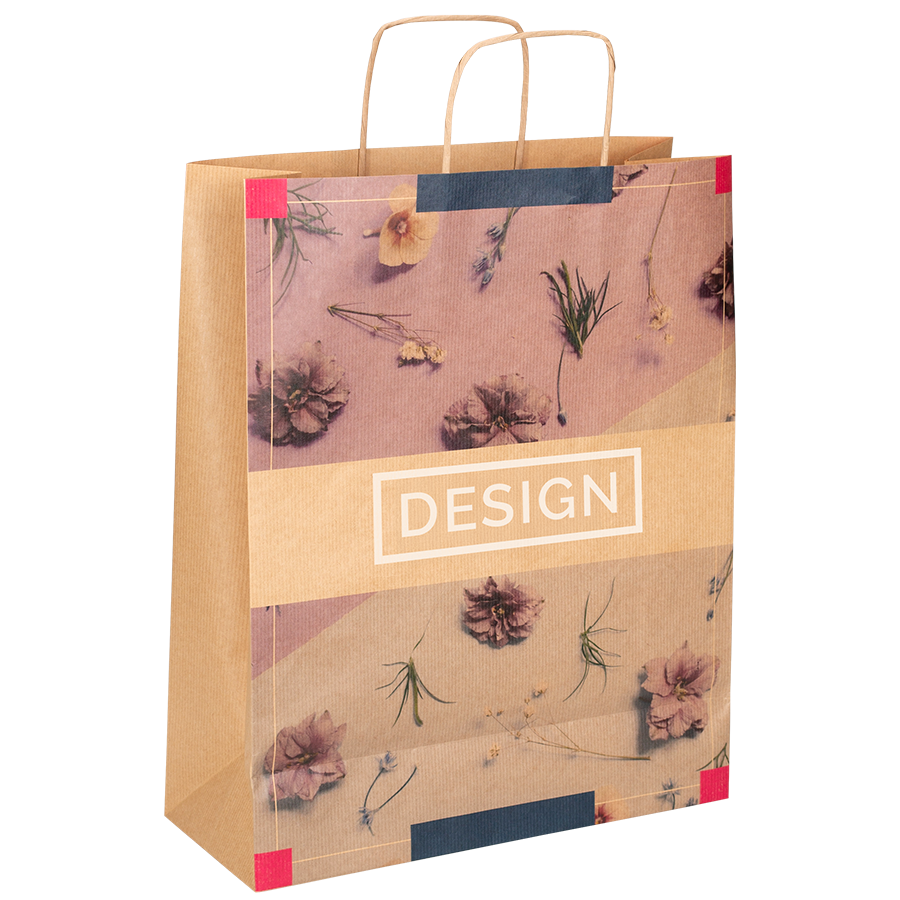 Braune Papiertragetasche im Format 24 x 34 x 9 cm mit Papierkordeln, 4/0-farbigem Druck und Weissdruck