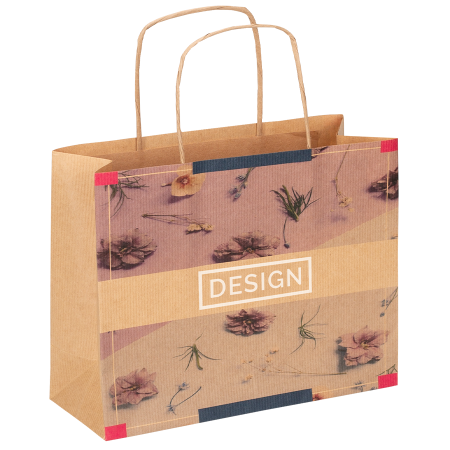 Braune Papiertragetasche im Format 25 x 21 x 9 cm mit Papierkordeln, 4/0-farbigem Druck und Weissdruck